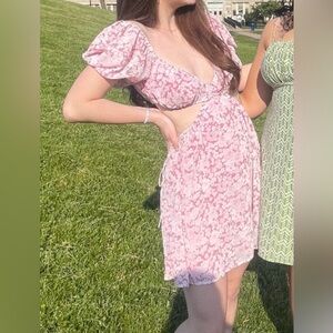 Sabo Skirt pink floral puff sleeve open back bustier mini sun dress